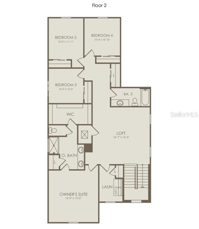 This floor plan shows the second level of a home with five bedrooms and a loft — 4713 ORANGE FLORA ALLEY, CLERMONT, FL