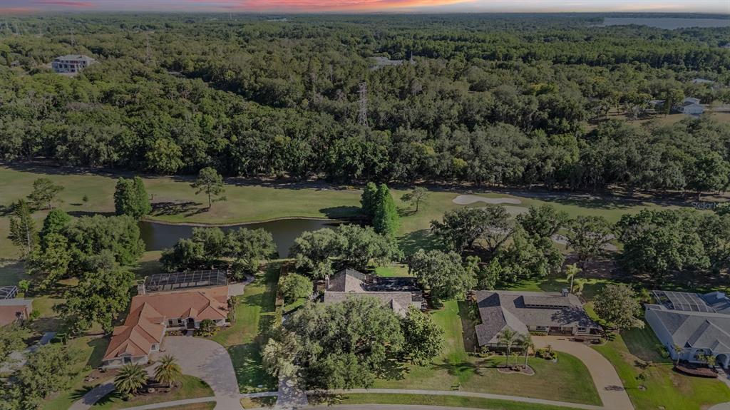 An aerial view shows several houses situated along a golf course with a small pond — 2778 ST ANDREWS BOULEVARD, TARPON SPRINGS, FL