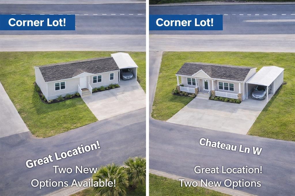 Two aerial views show single-story manufactured homes with carports situated on corner lots — 5302 CHATEAU LANE, BRADENTON, FL