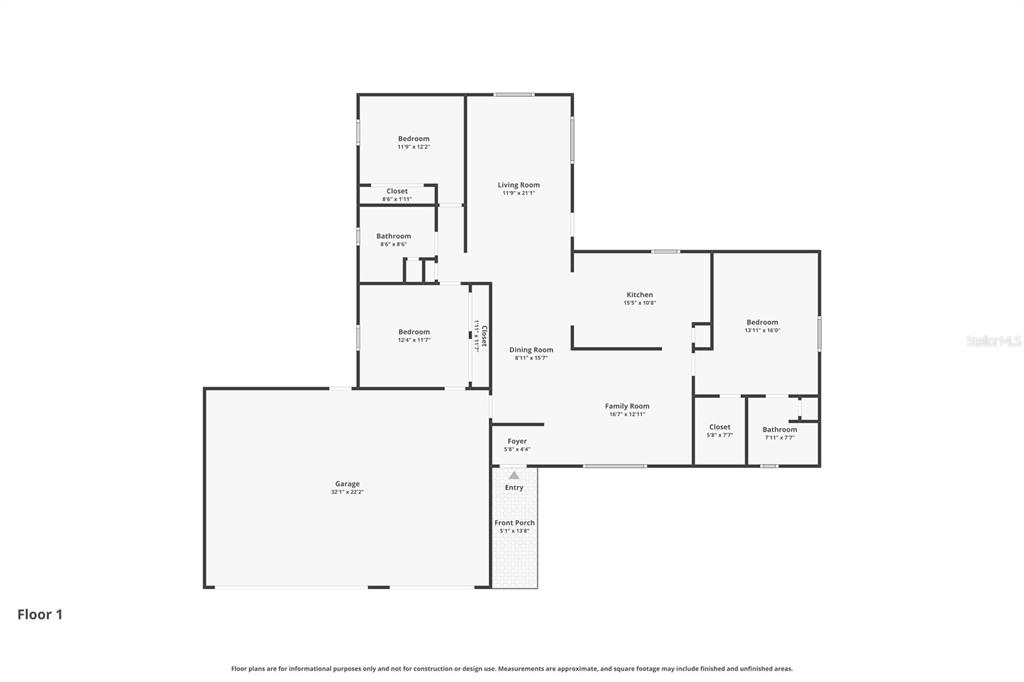 This is a floor plan for a single-story house featuring a garage and three bedrooms — 36625 LAKE PASADENA ROAD, DADE CITY, FL
