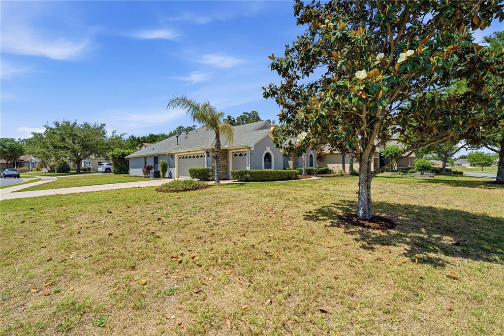A single-story house with a gray exterior, a two-car garage, and a large front yard — 8061 WATERBURY WAY, MOUNT DORA, FL
