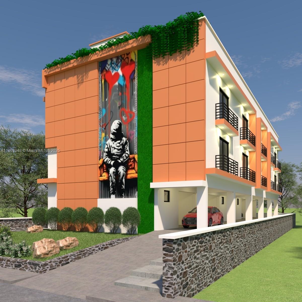 This is a rendering of a modern three-story apartment building with a large mural — 264 NW 33rd St, Miami FL 33127, MIAMI, FL