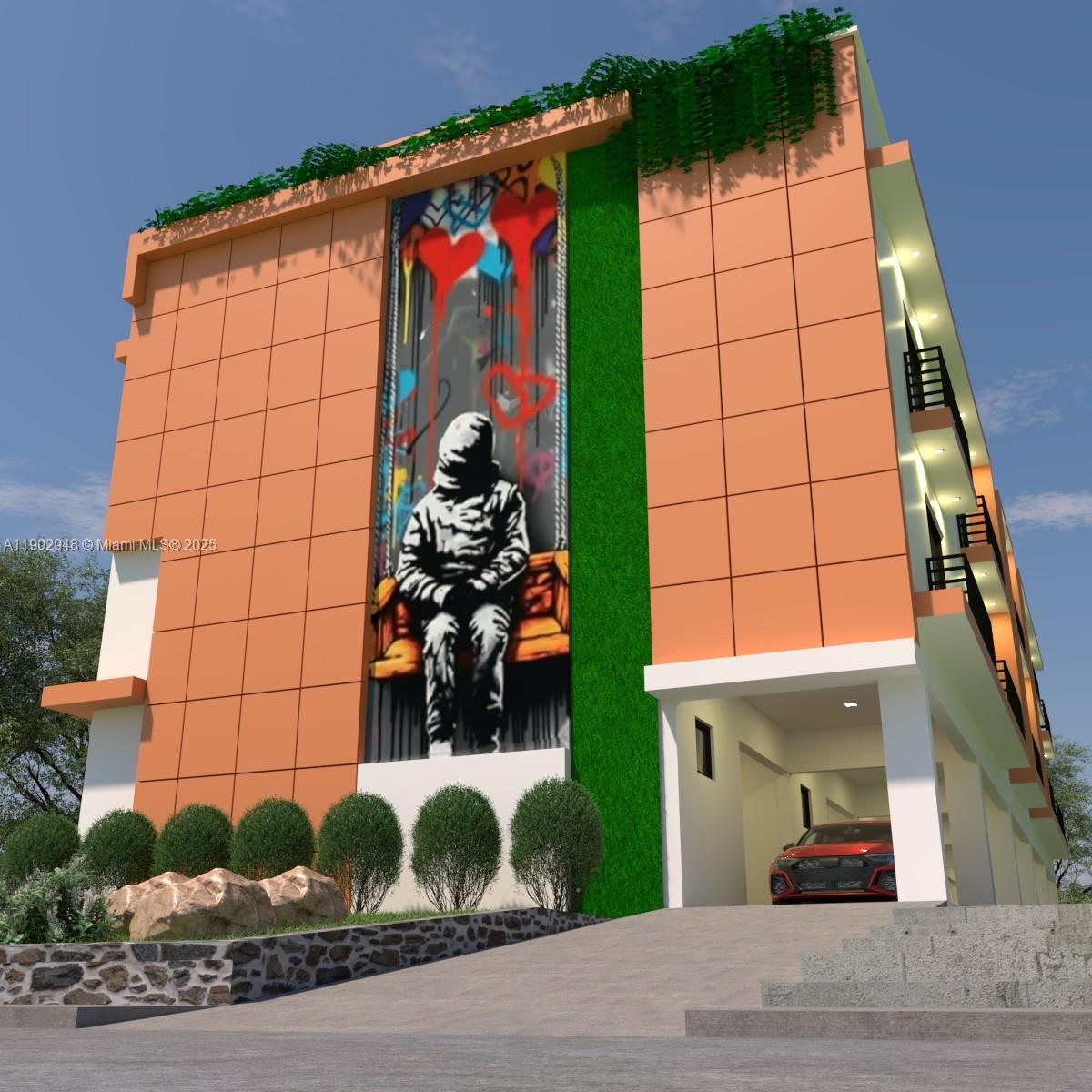 This is a digital rendering of a modern building exterior featuring a large mural — 264 NW 33rd St, Miami FL 33127, MIAMI, FL
