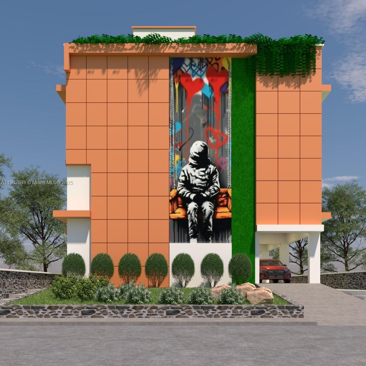 A digital rendering of a modern building exterior featuring a large mural of a seated figure — 264 NW 33rd St, Miami FL 33127, MIAMI, FL