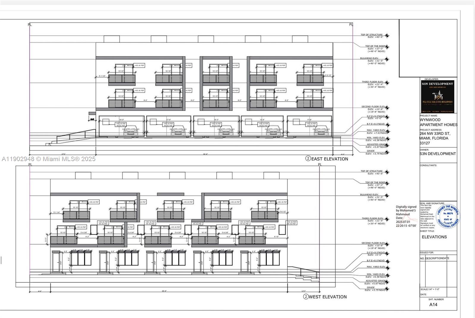 This architectural rendering shows the east and west building elevations with floor height specifications — 264 NW 33rd St, Miami FL 33127, MIAMI, FL