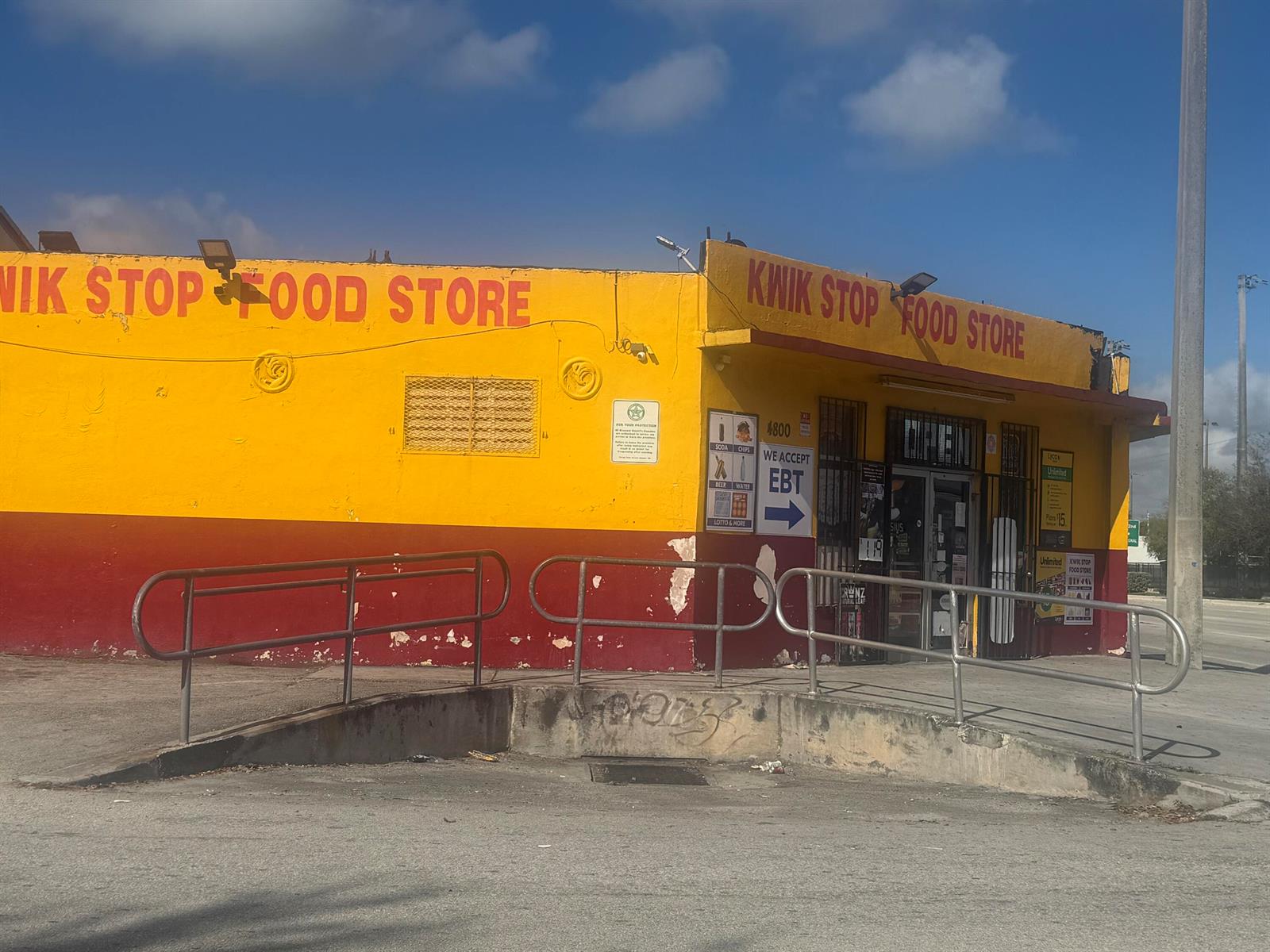 A yellow and maroon convenience store building with a metal handicap ramp in the front — 4800 Pembroke Road, West Park FL 33021, WEST PARK, FL