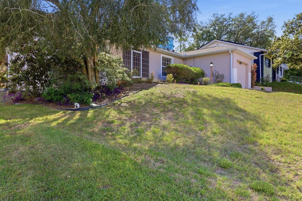 A view of a house exterior with a sloped lawn and a large tree — 966 W STARJASMINE PLACE, BEVERLY HILLS, FL