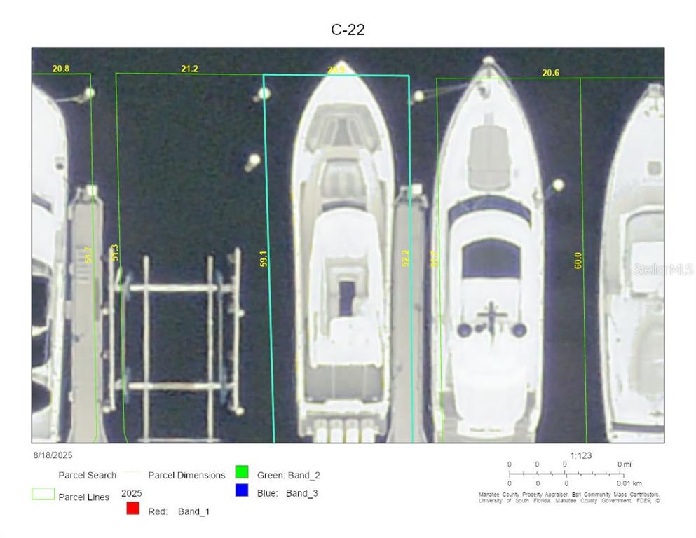 This map shows the dimensions of boat slips in a marina — 102 RIVIERA DUNES WAY UNIT C-22, PALMETTO, FL