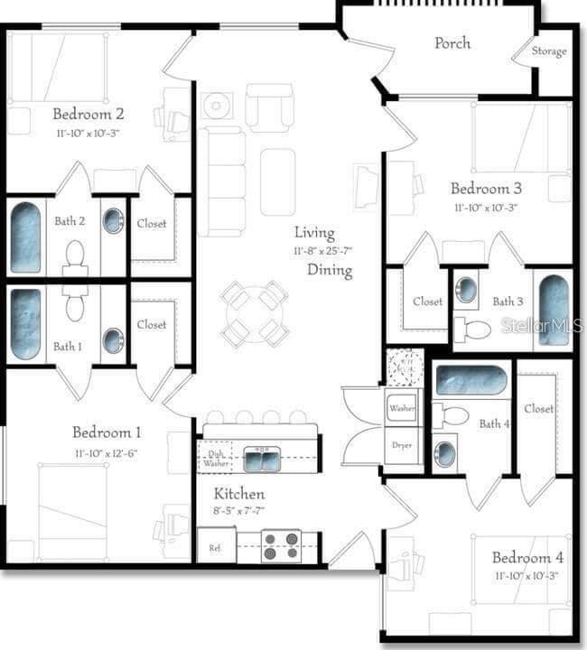 This floor plan shows a four-bedroom, four-bathroom apartment layout with a central living area — 4000 SW 23RD STREET UNIT 4-103 #3, GAINESVILLE, FL