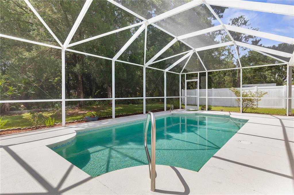 A rectangular swimming pool is enclosed by a white screen cage in a backyard setting — 137 WYNNFIELD DRIVE, PALM COAST, FL