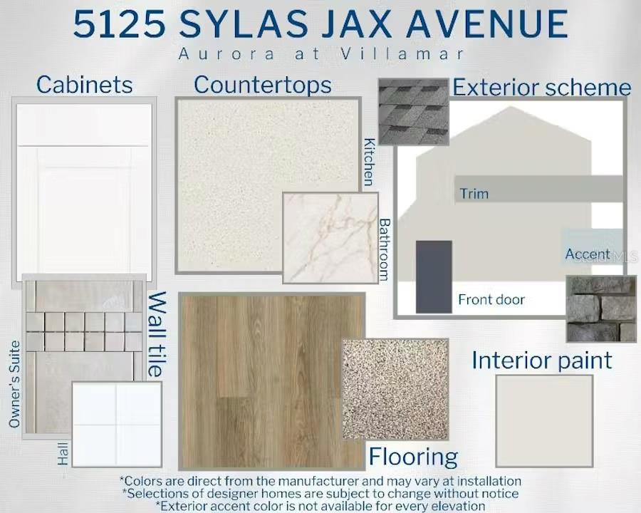 This design board displays material samples for home finishes, including flooring, countertops, tile, and paint — 5125 SYLAS JAX AVENUE, WINTER HAVEN, FL
