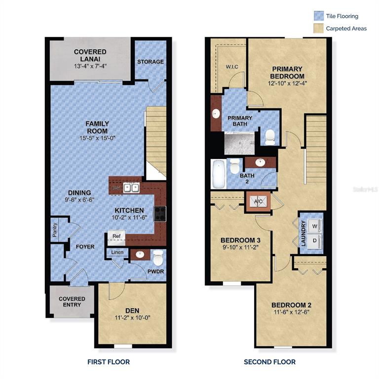 This floor plan shows a two-story home with a kitchen, living areas, and three bedrooms — 1434 ACORN MEADOW LOOP, EUSTIS, FL