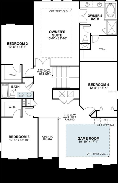 This is a floor plan of a house's second level featuring four bedrooms and a game room — 2172 CLARY SAGE DRIVE, SPRING HILL, FL