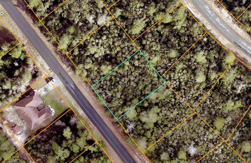 This is an aerial map showing a vacant, wooded lot outlined in teal — SW 21ST CIRCLE, OCALA, FL