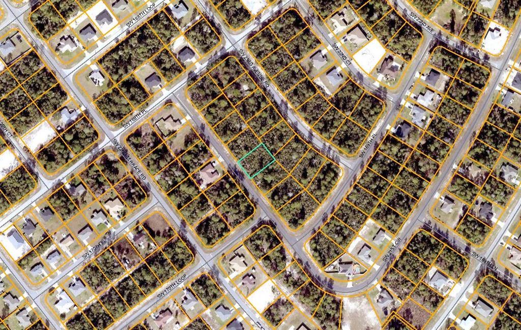 This is an aerial map view of a residential neighborhood with highlighted property boundaries — SW 21ST CIRCLE, OCALA, FL