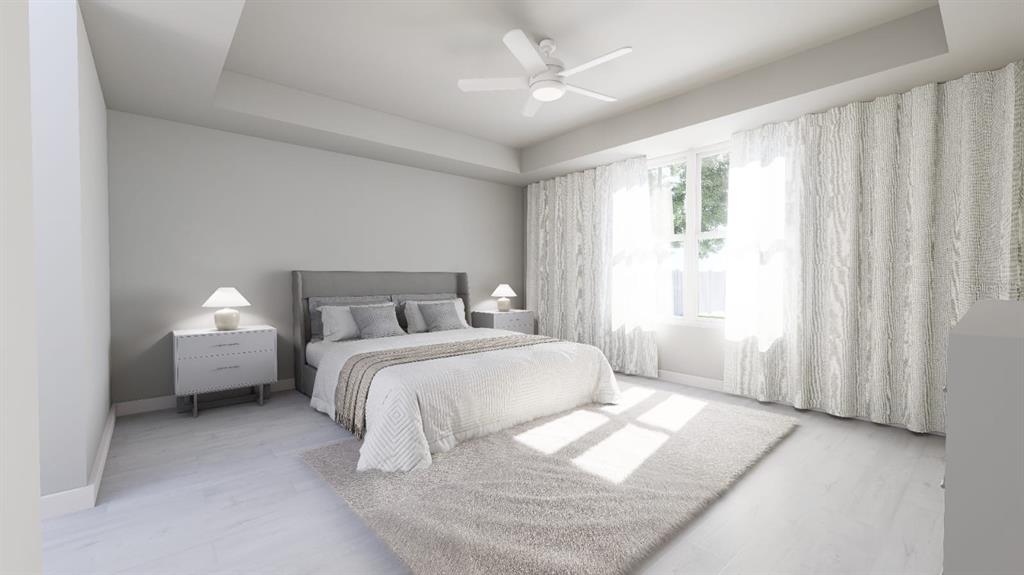 This is a rendering of a bedroom with a gray bed, white furniture, and floor-to-ceiling curtains — 4177 SW 100TH STREET, OCALA, FL
