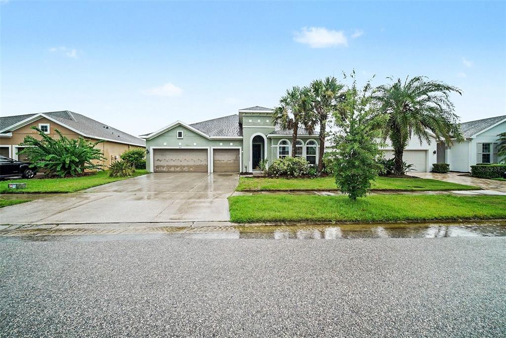 A single-story house with a two-car garage, arched entryway, and palm trees in the front yard — 1832 TONKA TERRACE, WESLEY CHAPEL, FL