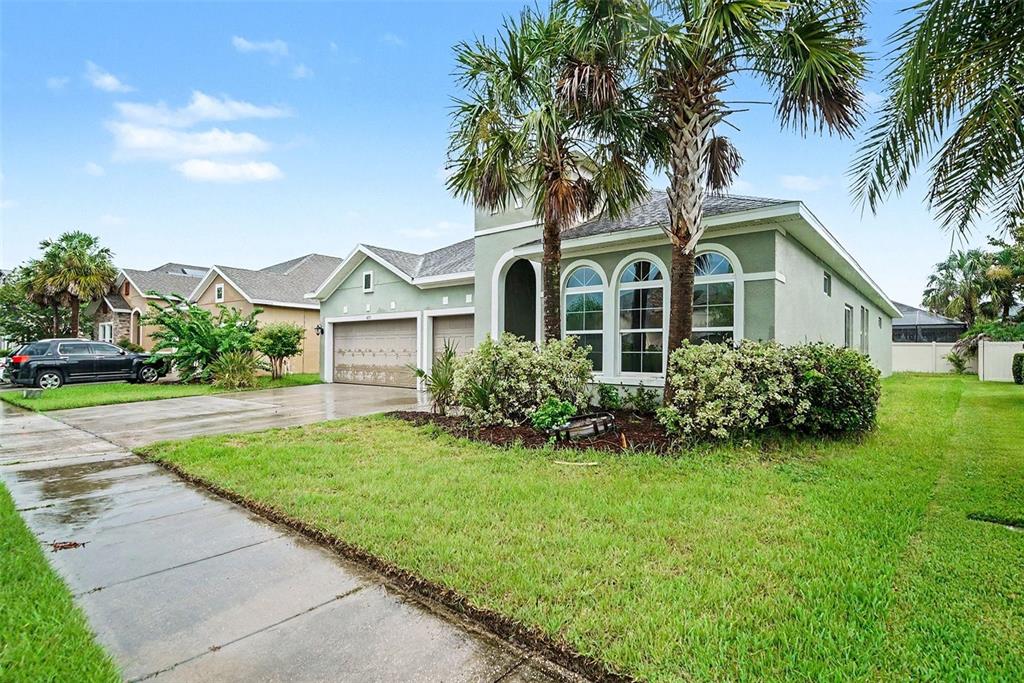 A light green one-story house with a two-car garage and palm trees in the front yard — 1832 TONKA TERRACE, WESLEY CHAPEL, FL