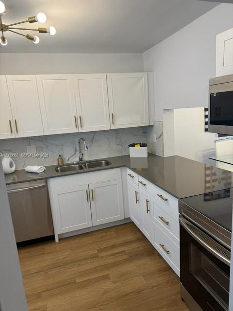 A kitchen features white cabinets, gray countertops, a stainless steel dishwasher, and wood-look flooring — 215 SE 3rd Ave # 206A, Hallandale Beach FL 33009, HALLANDALE BEACH, FL