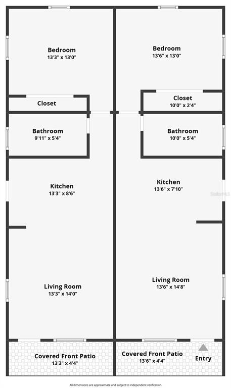 This floor plan shows two identical side-by-side residential units, each with a patio and bedroom — 5710 19TH AVENUE S, GULFPORT, FL