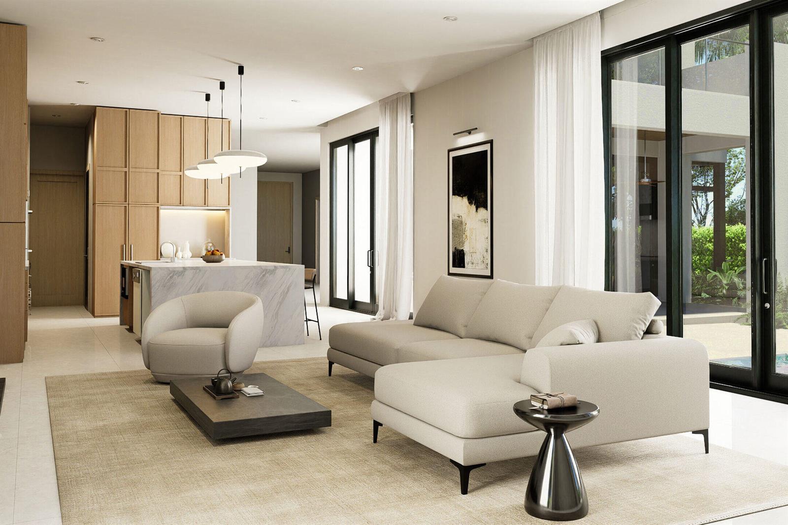 This interior rendering shows a modern living room with a sectional sofa and open kitchen — 16709 Mosaic Place, Delray Beach FL 33446, DELRAY BEACH, FL