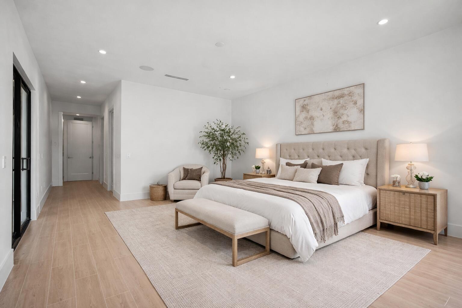 A bright bedroom features a tufted headboard, neutral bedding, a bench, and light wood flooring — 16709 Mosaic Place, Delray Beach FL 33446, DELRAY BEACH, FL