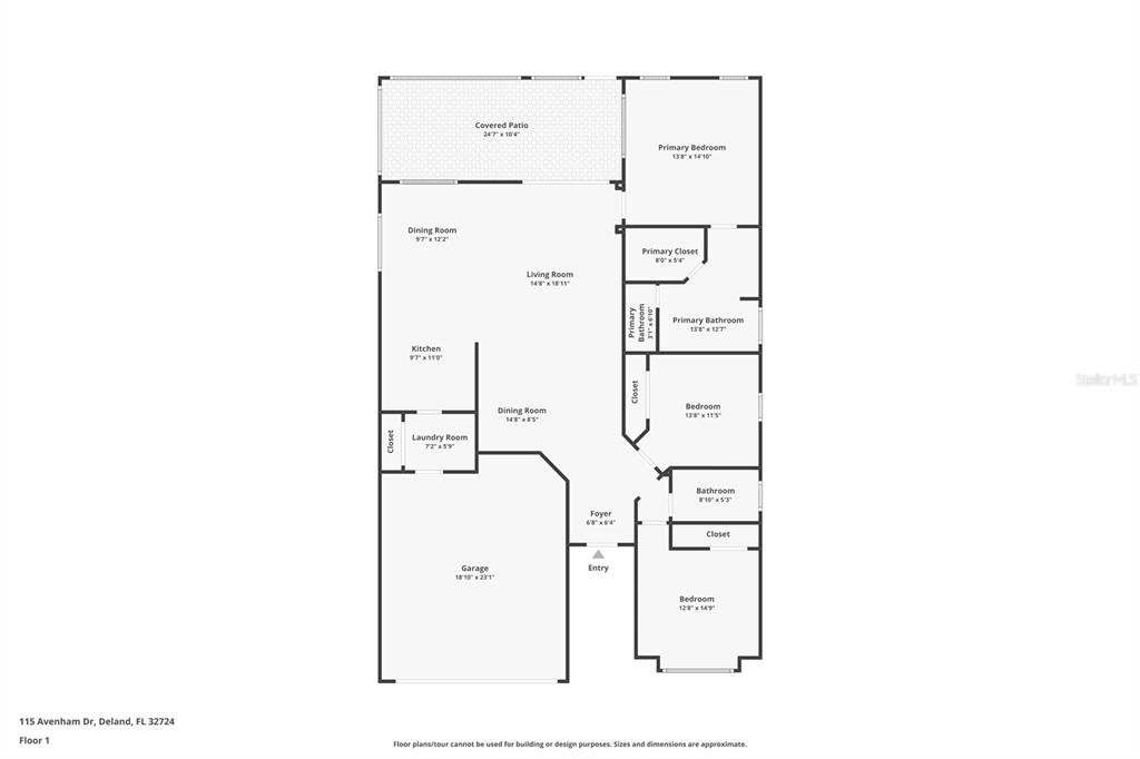 This is a floor plan showing the layout of a single-story residential home — 115 AVENHAM DRIVE, DELAND, FL