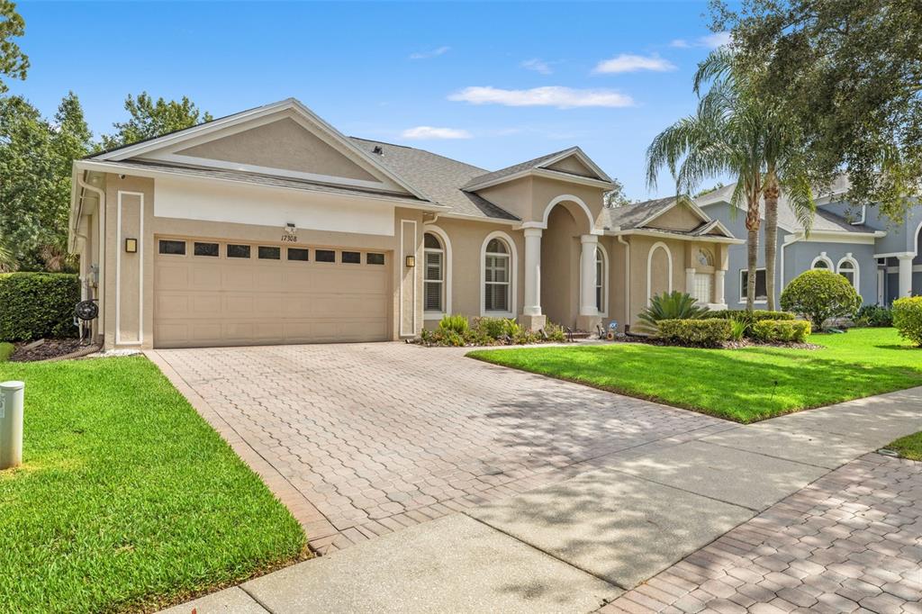 A single-story house with a beige stucco exterior, a two-car garage, and a paved driveway — 17308 CHENANGO LANE, TAMPA, FL