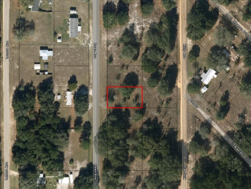 This is an aerial map view of a vacant, wooded residential lot outlined in red — 0 Dawn Avenue, FL 32148, FL