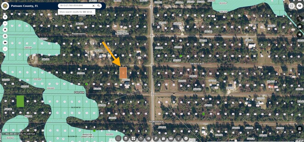 This is a satellite map view of a rectangular residential lot highlighted in orange — 433 GARDENIA AVENUE, GEORGETOWN, FL