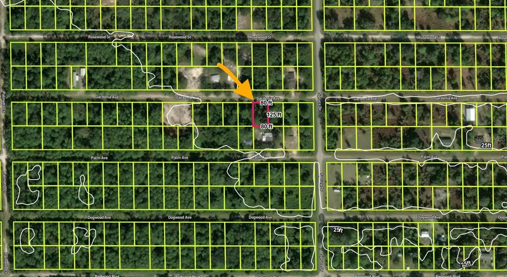 An aerial map shows a rectangular lot highlighted in pink with dimensions of 80x125 feet — 433 GARDENIA AVENUE, GEORGETOWN, FL