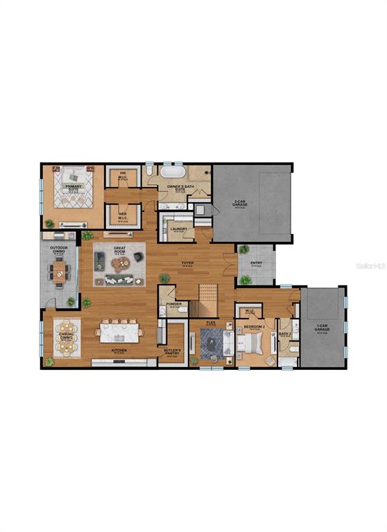 This is a floor plan of a single-story home featuring three garages and a primary suite — 682 BOTTLEBRUSH WAY, TARPON SPRINGS, FL