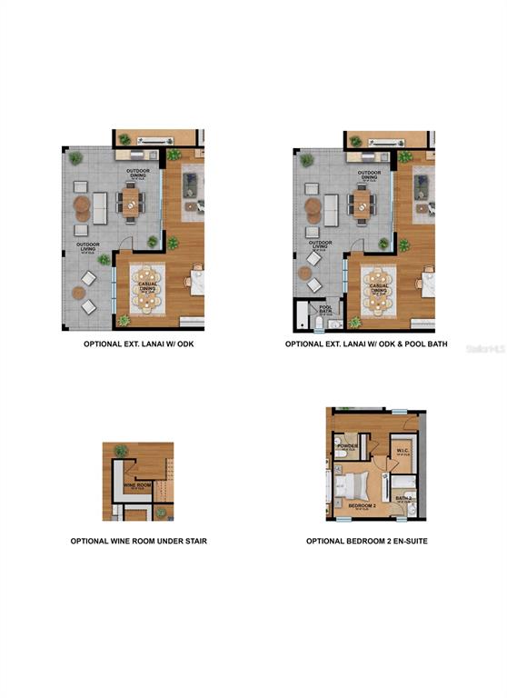 This floor plan rendering shows four optional room configurations including outdoor living spaces and interior suites — 682 BOTTLEBRUSH WAY, TARPON SPRINGS, FL