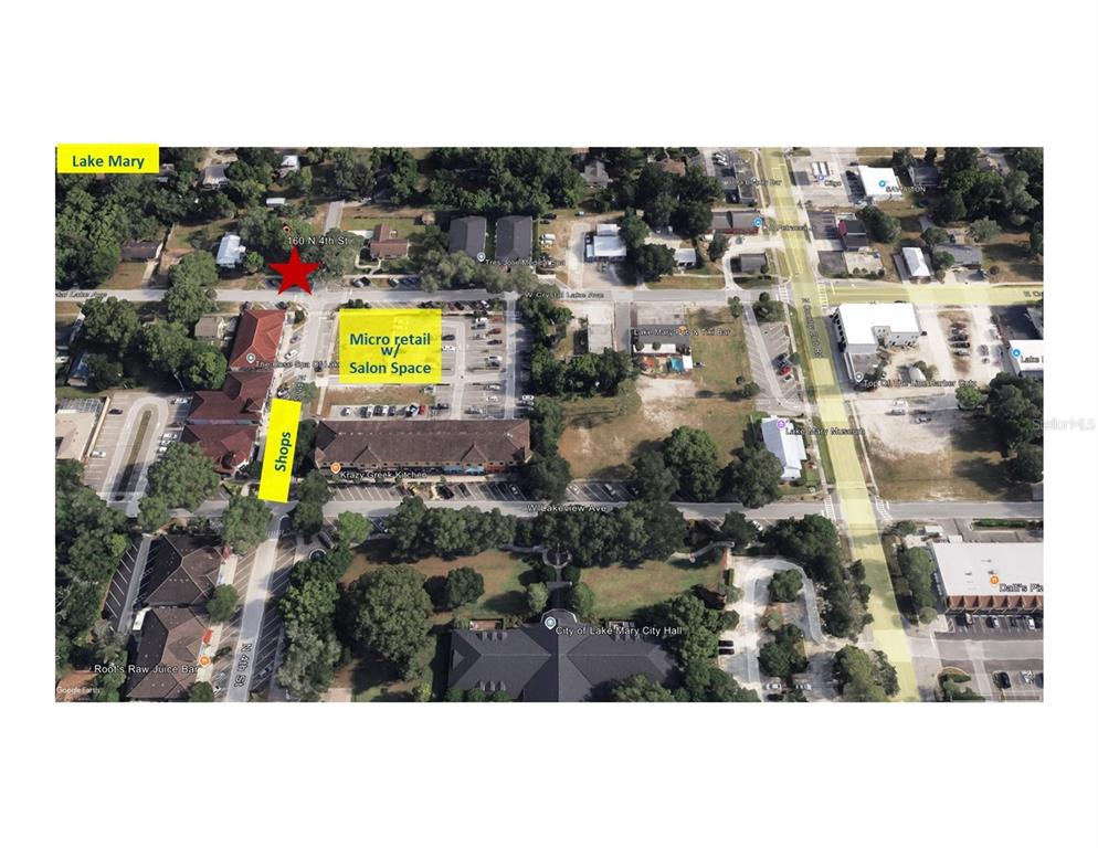 This is an aerial map showing a commercial property location in Lake Mary with highlighted areas — 160 N 4TH STREET, LAKE MARY, FL