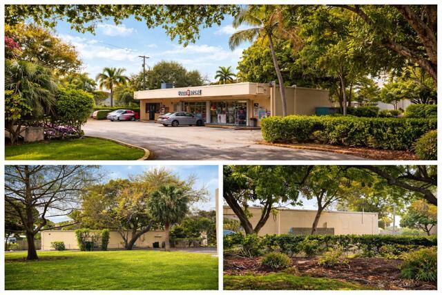 This image shows a commercial building with a parking lot surrounded by trees and landscaping — 2131 NE 48th Street, Lighthouse Point FL 33064, LIGHTHOUSE POINT, FL