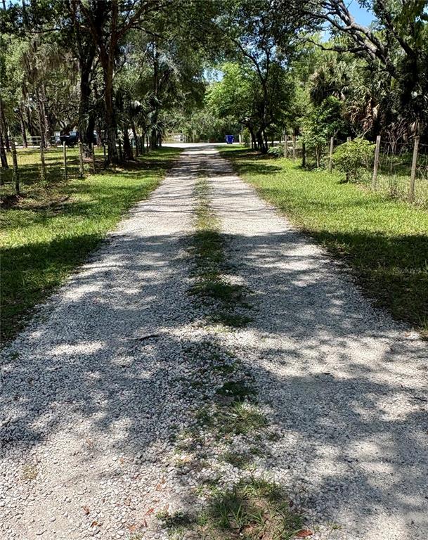 A gravel driveway leads through a tree-lined yard toward a distant blue trash bin — 390 FOOTHILL FARMS ROAD, ORANGE CITY, FL