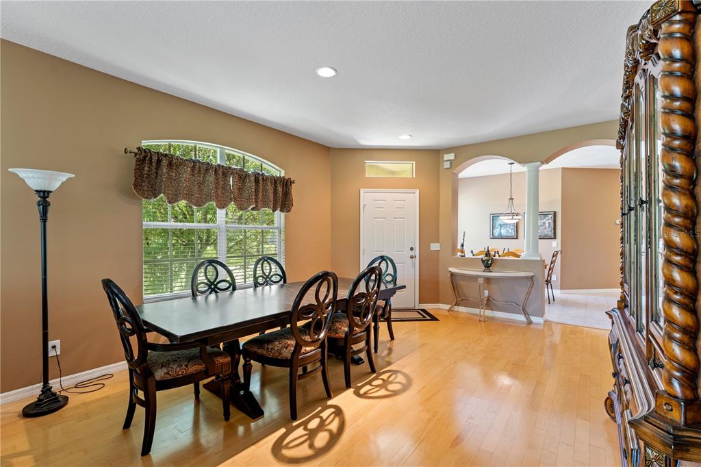 A dining room features a wooden table, chairs, hardwood floors, and a large arched window — 19182 LAKE AUDUBON DRIVE, TAMPA, FL