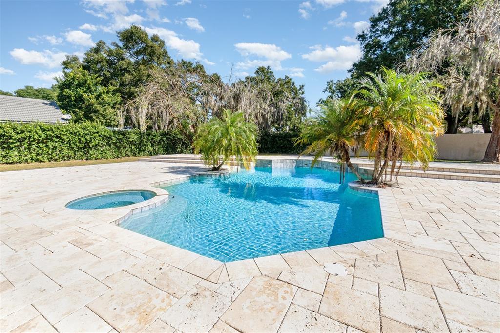 A backyard swimming pool with an attached spa and palm trees on a stone patio — 9217 RIDGE PINE TRAIL, ORLANDO, FL