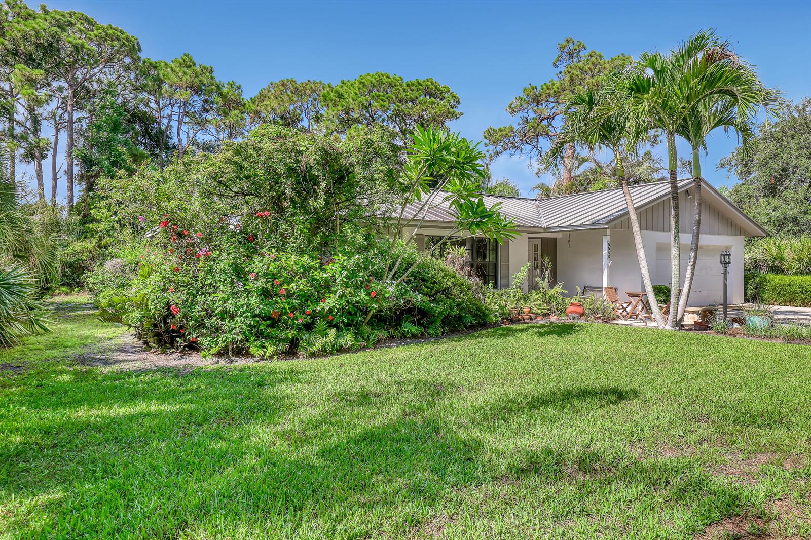 A single-story house with a metal roof, palm trees, and a large flowering bush — 5548 Shirley Drive, Jupiter FL 33458, JUPITER, FL