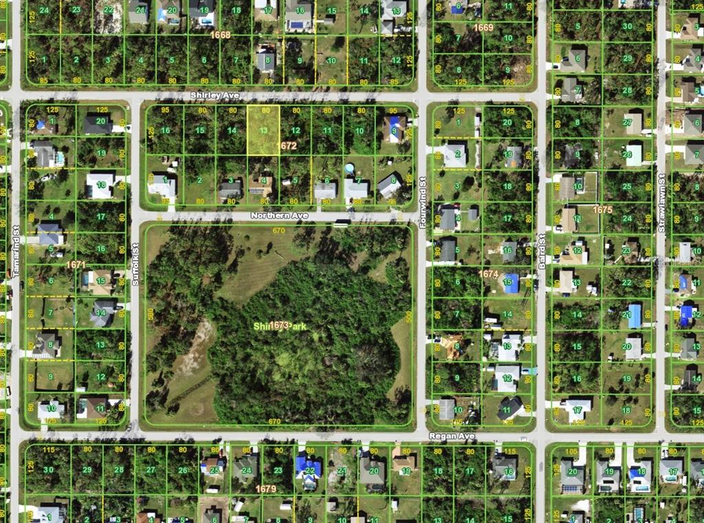 This is a map showing residential lots and a park in a suburban neighborhood — 18095 SHIRLEY AVENUE, PORT CHARLOTTE, FL