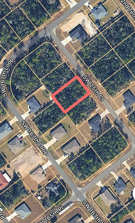 An aerial map view shows a vacant, rectangular residential lot surrounded by trees and houses — 0 SW 25TH COURT, OCALA, FL