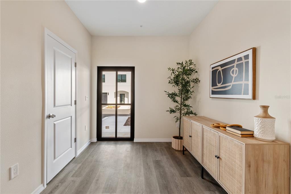 A bright entryway features light wood-look flooring, a white door, a console table, and a plant — 4348 CAMBIO GARDENS COURT, TAMPA, FL