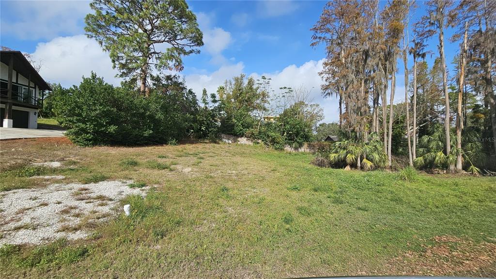 A vacant, grassy lot sits next to a house with a gravel driveway and trees — GRANDVIEW DRIVE, TARPON SPRINGS, FL