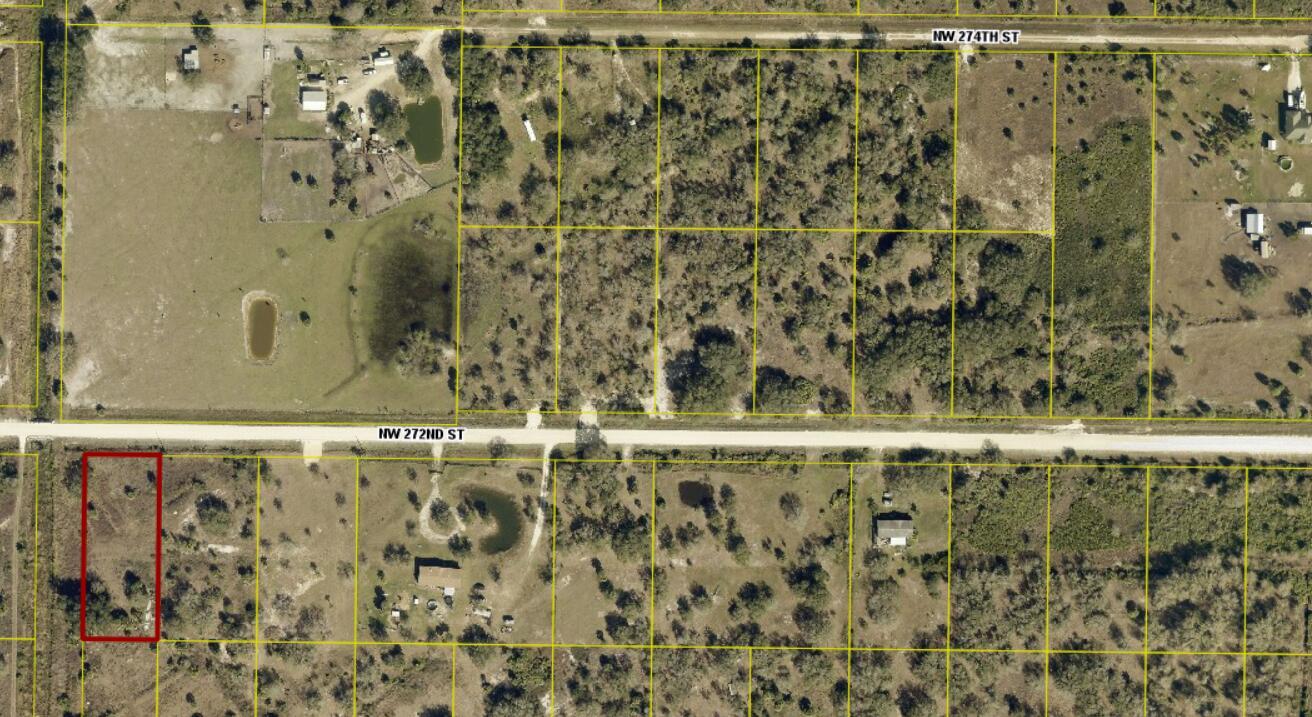 An aerial map view shows a rectangular lot outlined in red along a dirt road — 19984 NW 272nd Street, Okeechobee FL 34972, OKEECHOBEE, FL