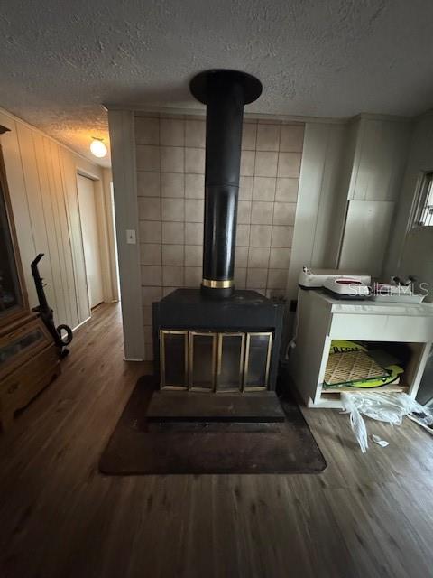 A black wood-burning stove with a tall chimney pipe sits on a tiled hearth — 2462 HARVEY MILL CREEK ROAD, TALLAHASSEE, FL