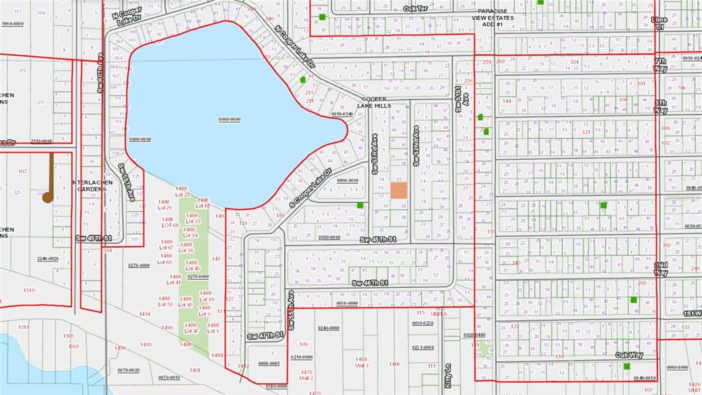 This is a map showing property lot lines and street layouts around a lake — 52ND AVENUE, INTERLACHEN, FL