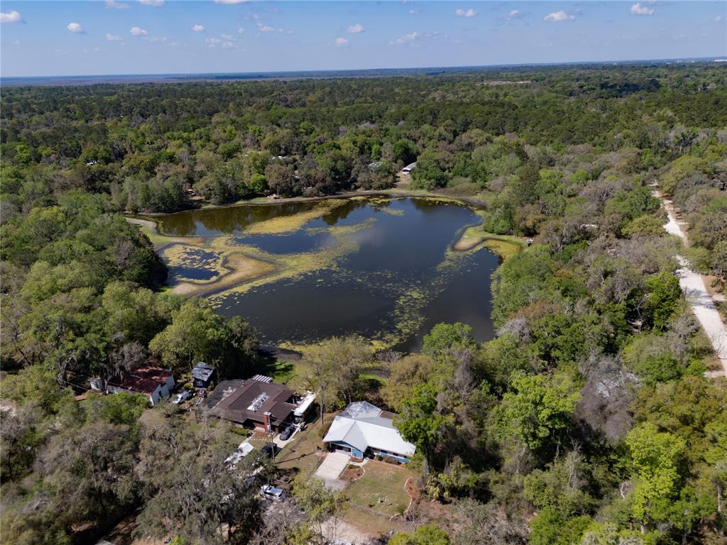 An aerial view shows two houses situated on the edge of a wooded lake — 2550 SE 31ST STREET, GAINESVILLE, FL