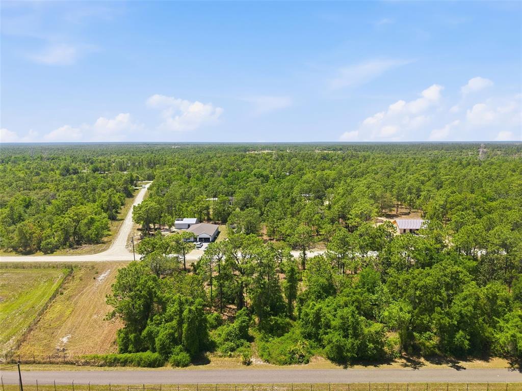 An aerial view shows a rural property with two houses surrounded by dense green trees — Lot 10 CAGARRO ROAD, WEEKI WACHEE, FL