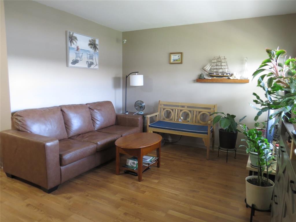 A living room features a brown leather sofa, wooden coffee table, bench, and potted plants — 5815 18TH STREET N UNIT 16, ST PETERSBURG, FL