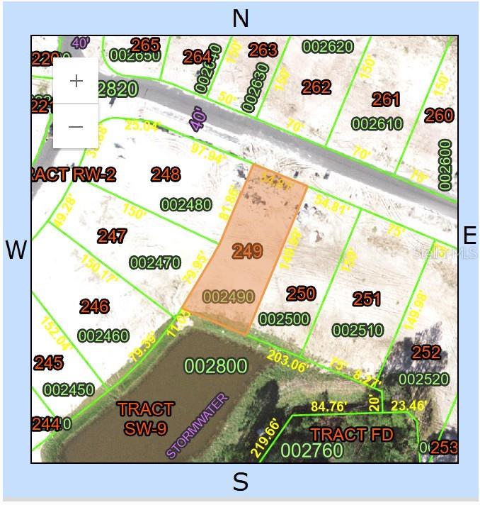 This is a property map showing lot 249 highlighted in orange among surrounding land parcels — 1410 BUTTERFLY MILKWEED COURT, DAVENPORT, FL